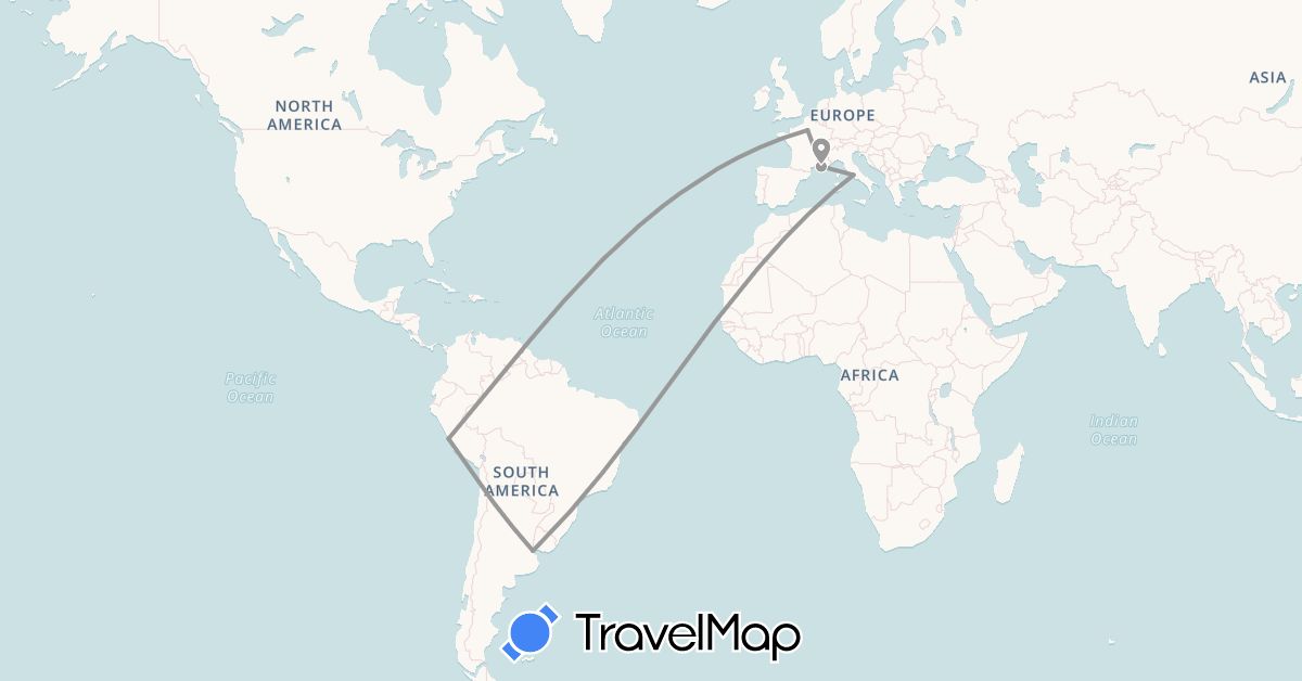 TravelMap itinerary: driving, plane in Argentina, France, Italy, Peru (Europe, South America)